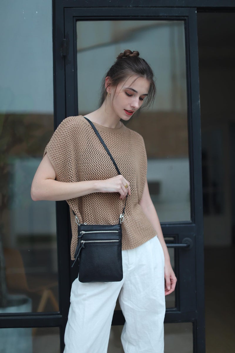 befen Small Black Genuine Leather Crossbody Purses for Women Trendy, Mini Shoulder Cross Body Bags Tripple Zipper Pouch Purse Travel - Fit iPhone 14 Pro Max - Image 2