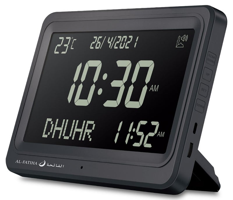 الفاتحة ساعة أذان الفجر بشاشة LCD كبيرة، 8 أصوات أذان، متعددة اللغات، تقاويم هجري وميلادي، منبه مكتبي للمسلمين – أسود - Image 1