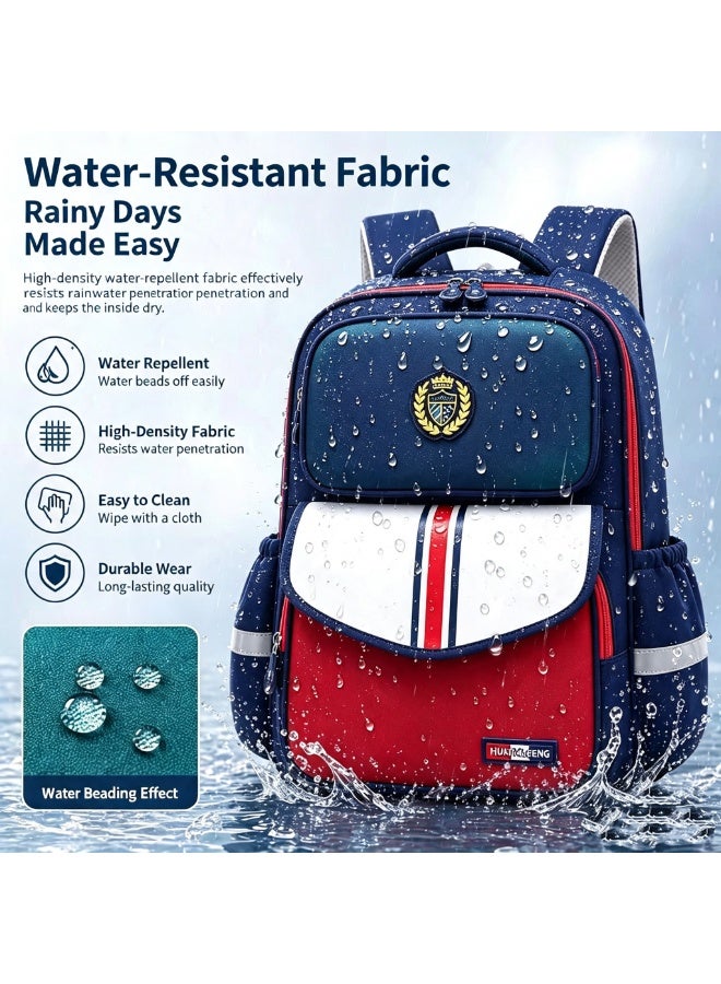 Children's Ergonomic School Backpack, Lightweight Waterproof Large Capacity Book Bag - Blue/Red - Image 3