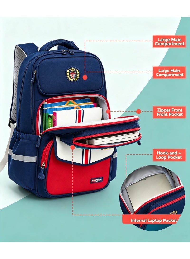 Children's Ergonomic School Backpack, Lightweight Waterproof Large Capacity Book Bag - Blue/Red - Image 5