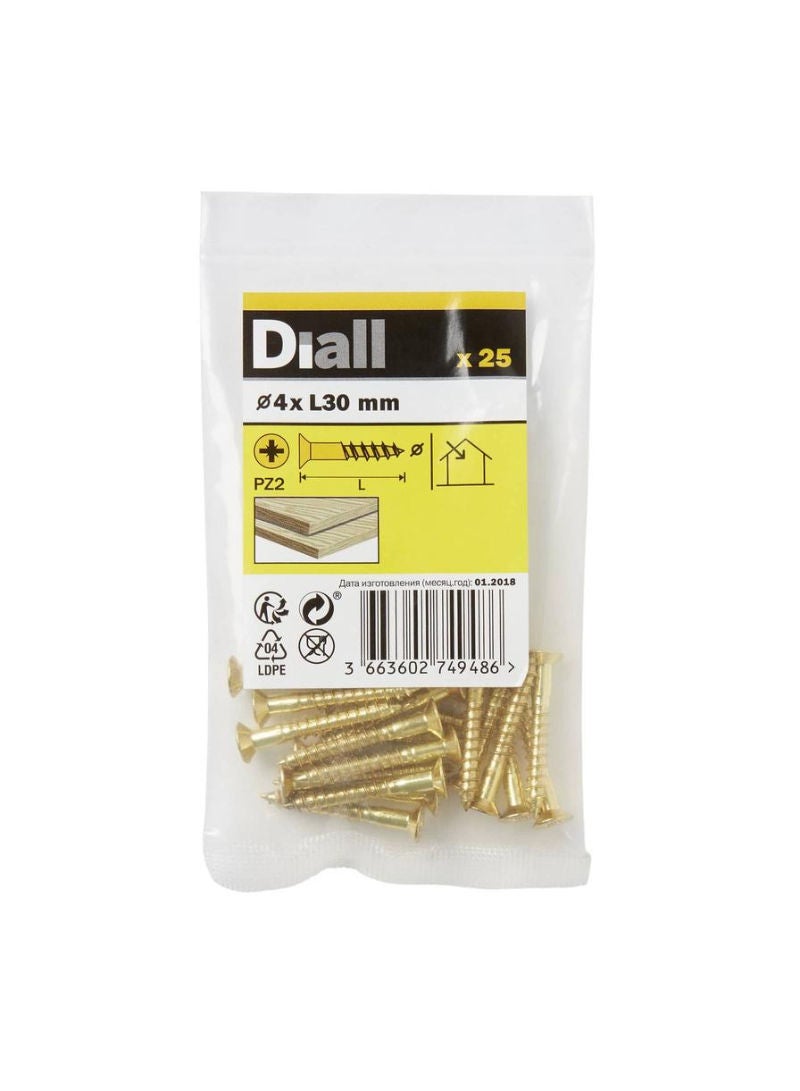 Brass Wood Screw Pack 4 X 30 Mm 25 Piece