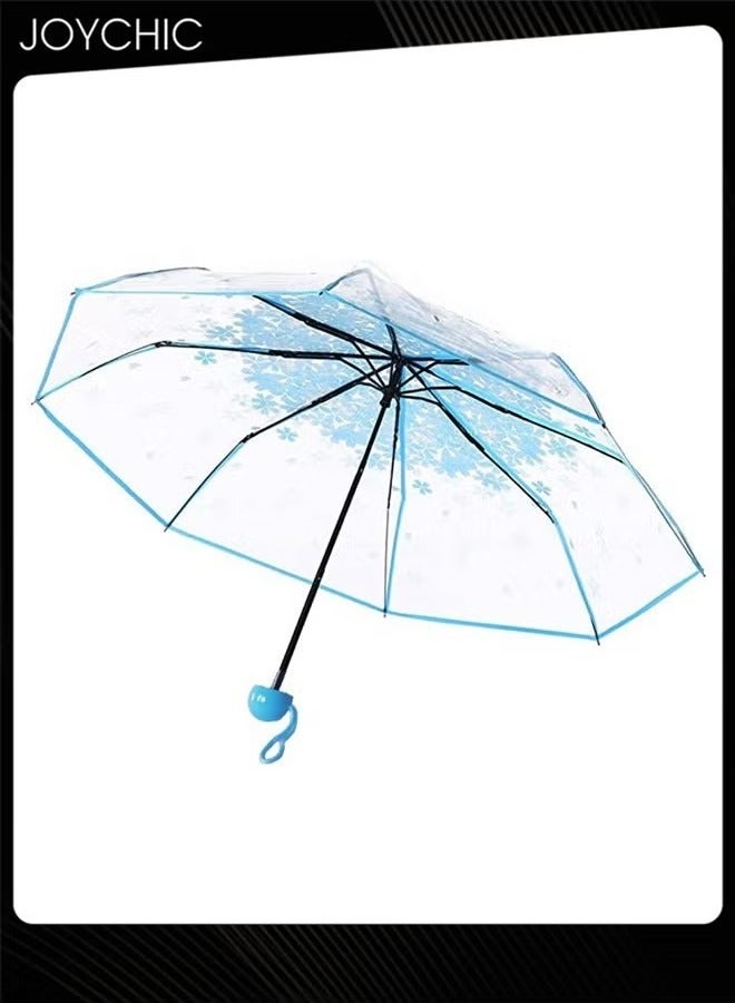 Joychic مظلة قابلة للطي شفافة مطبوعة بزهور الكرز 3 طيات 8 عظام زرقاء - Image 2