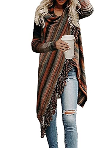 GOLDSTITCH Women's Open Front Knited Loose Crew Neck Fringe Sweater Outwear M - Image 1