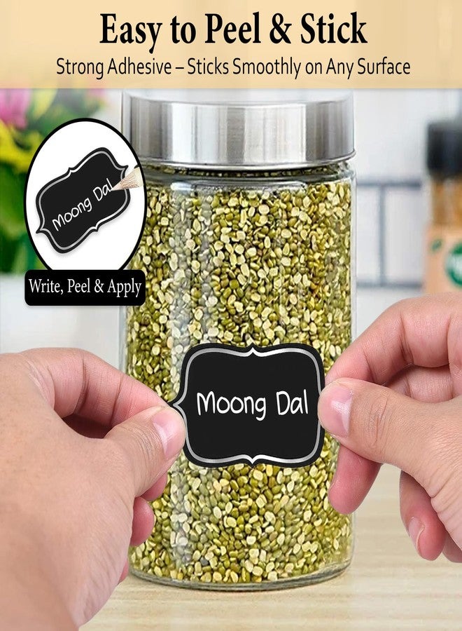 GLUN® Rewriteable Vinyl Stickers 48 Piece, Scalloped Shape Chrome Colour Border Stickers, Black Pantry Labels for Glass Jar & Plastic Bottles - Image 2