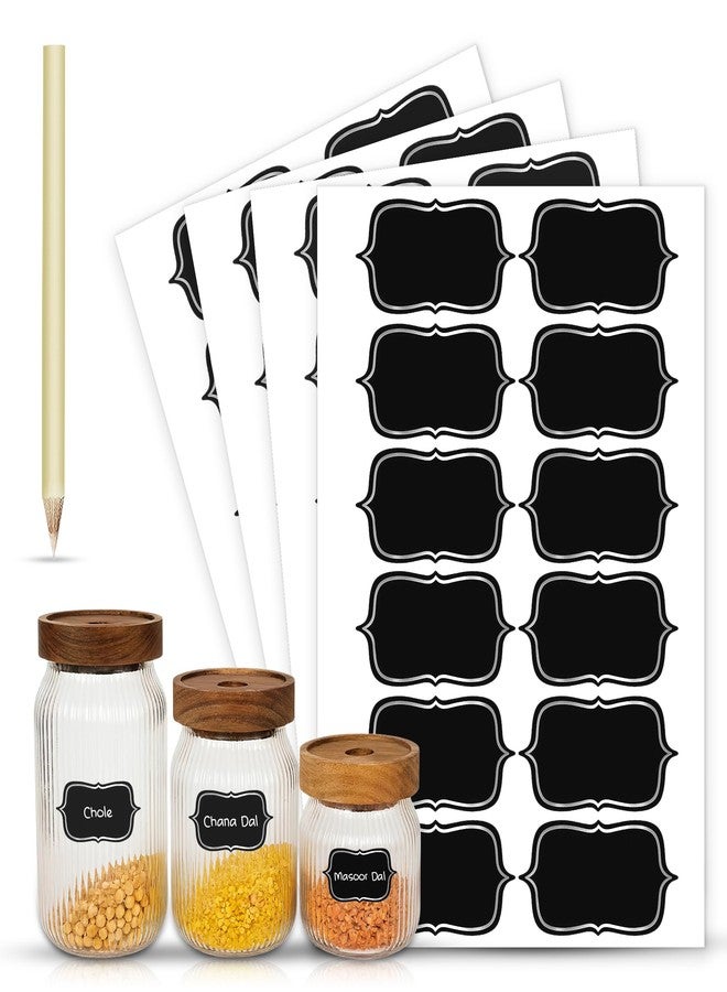 GLUN® Rewriteable Vinyl Stickers 48 Piece, Scalloped Shape Chrome Colour Border Stickers, Black Pantry Labels for Glass Jar & Plastic Bottles - Image 1