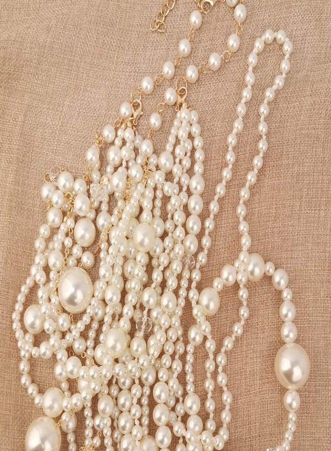 جريس جون قلادة طويلة من سلسلة متعددة الطبقات من اللؤلؤ الصناعي من GRACE JUN (قلادة ذهبية وبيضاء + أقراط مثقوبة) - Image 2