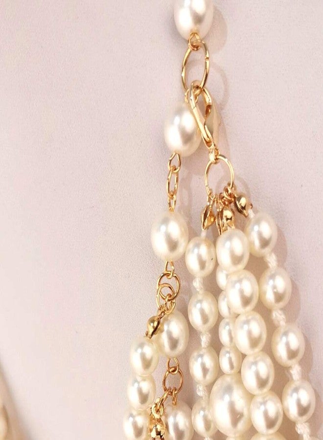 جريس جون قلادة طويلة من سلسلة متعددة الطبقات من اللؤلؤ الصناعي من GRACE JUN (قلادة ذهبية وبيضاء + أقراط مثقوبة) - Image 5