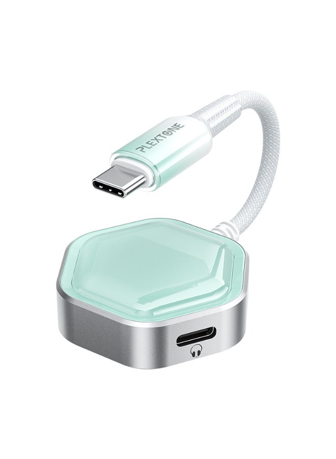 PLEXTONE GS1 Pro Type-C 2-in-1 connector features a Type-C audio port for 32-bit/384kHz Hi-Res audio and a 60W PD fast charging port. It boasts a sleek, transparent hexagonal design with a light blue gradient finish. - Image 1