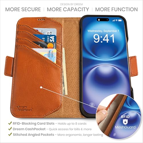 Dreem Wallet Case for iPhone 16 Revolutionary VertHor Phone Stand Magnetic Detachable Vegan Leather Flip Cover RFID Blocking Card Holder MagSafeFit Gift Box Fibonacci Caramel - Image 3