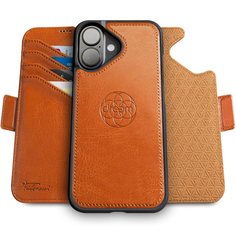 Dreem Wallet Case for iPhone 16 Revolutionary VertHor Phone Stand Magnetic Detachable Vegan Leather Flip Cover RFID Blocking Card Holder MagSafeFit Gift Box Fibonacci Caramel - Image 2