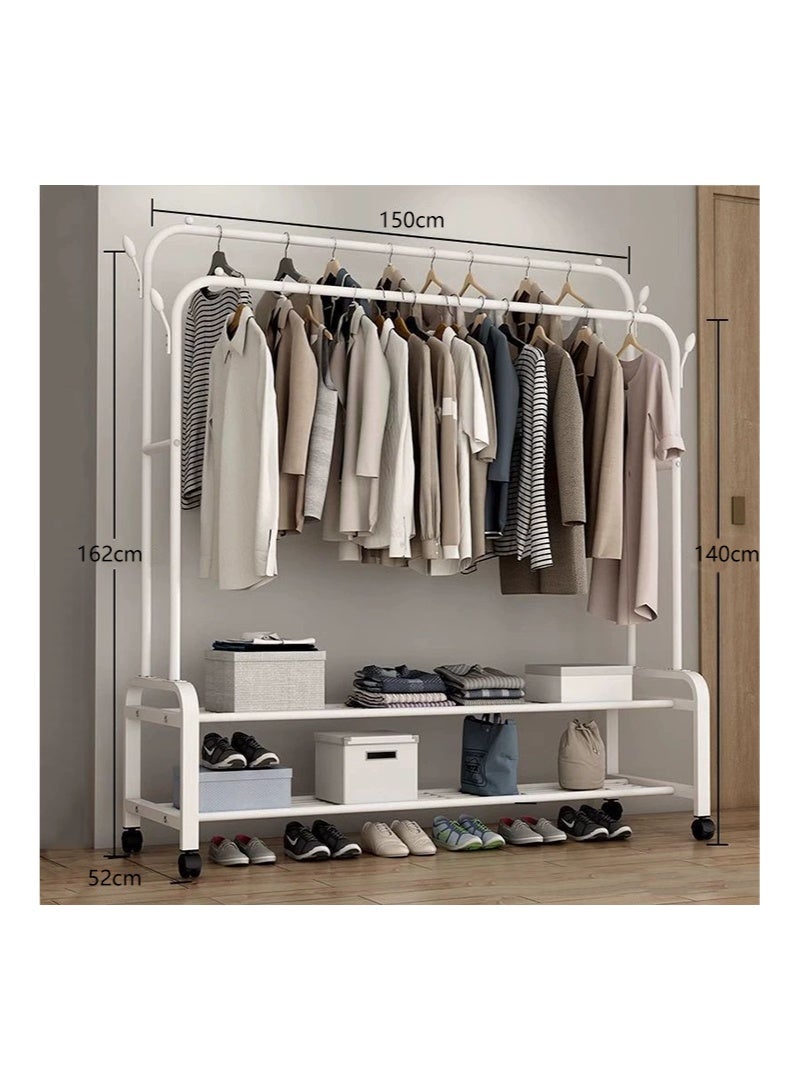 Two-layer two-pole hanger with side hook and wheels White - Image 1