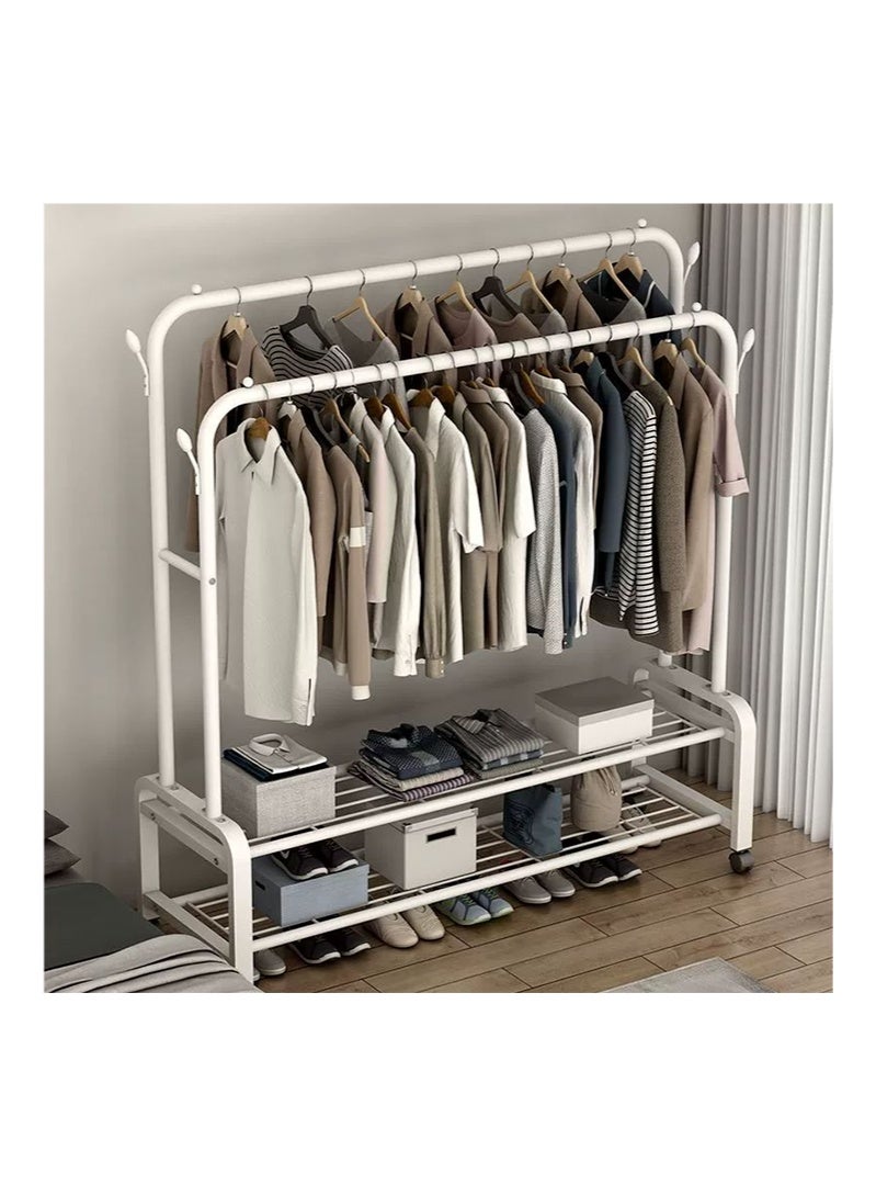 Two-layer two-pole hanger with side hook and wheels White - Image 2