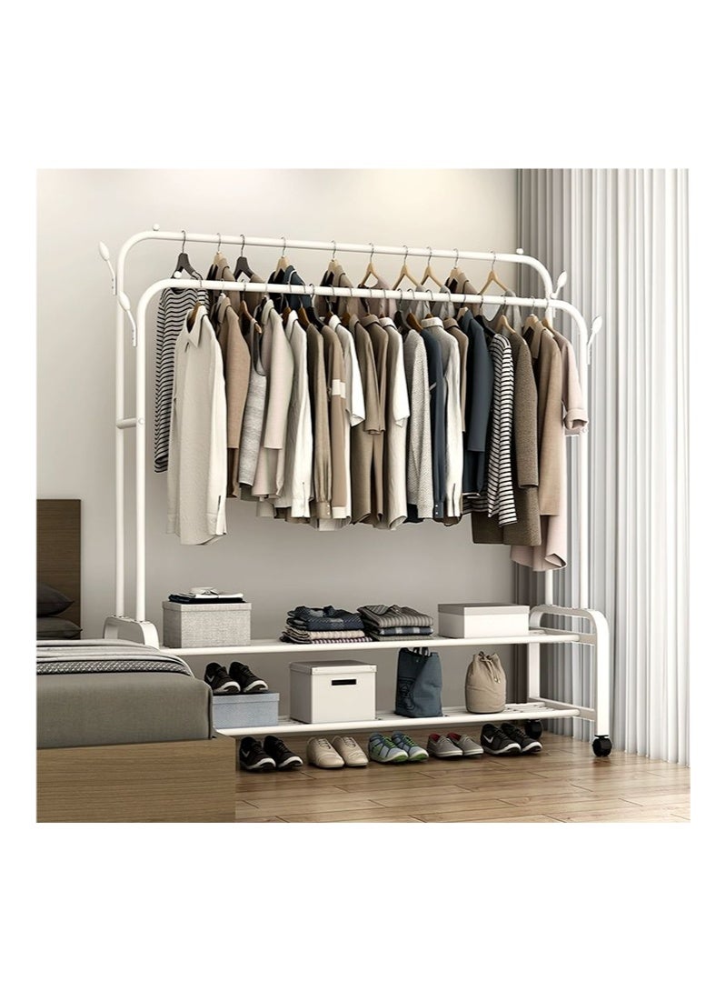 Two-layer two-pole hanger with side hook and wheels White - Image 3