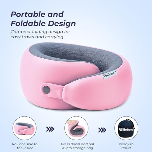 Billebon Memory Foam Neck Pillow with Cooling Gel, Snake Shape Travel Pillow with Snap Button, Neck Rest for Travelling & Flight Travel, Ergonomic Support for Comfort & Pain Relief (Pink) - Image 5