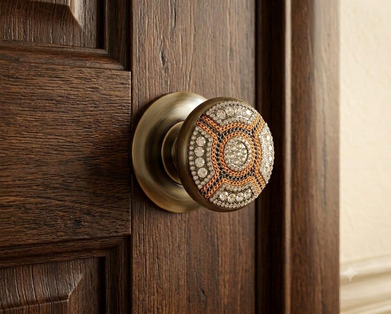 Decorative Metal Door Knob with Crystal Lobes, Elegant Design Antique Gold with Orange Details - Image 1
