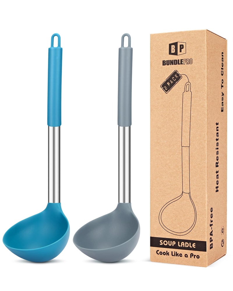 BundlePro Pack of 2 Ladle Spoon,Silicone Large Spoon for Soup,Non Stick Kitchen Utensils with High Heat Resistant,BPA Free Perfect Kitchen Tools for Cooking, Stirring,Serving Soups (GREY-BLUE) - Image 1