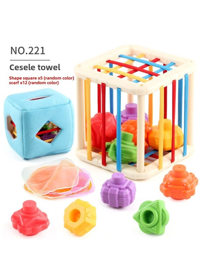 Baby Early Education Cloth Book Tissue Box Ring Paper Square Towel Cognitive Animal English Tear Not To Rip Children's Tissue Toy-Color:221 Cessele Blue Bag (1 Cessele 1 Towel Box 8 Silk Scarf 5 Rattle) 170G  - Image 1