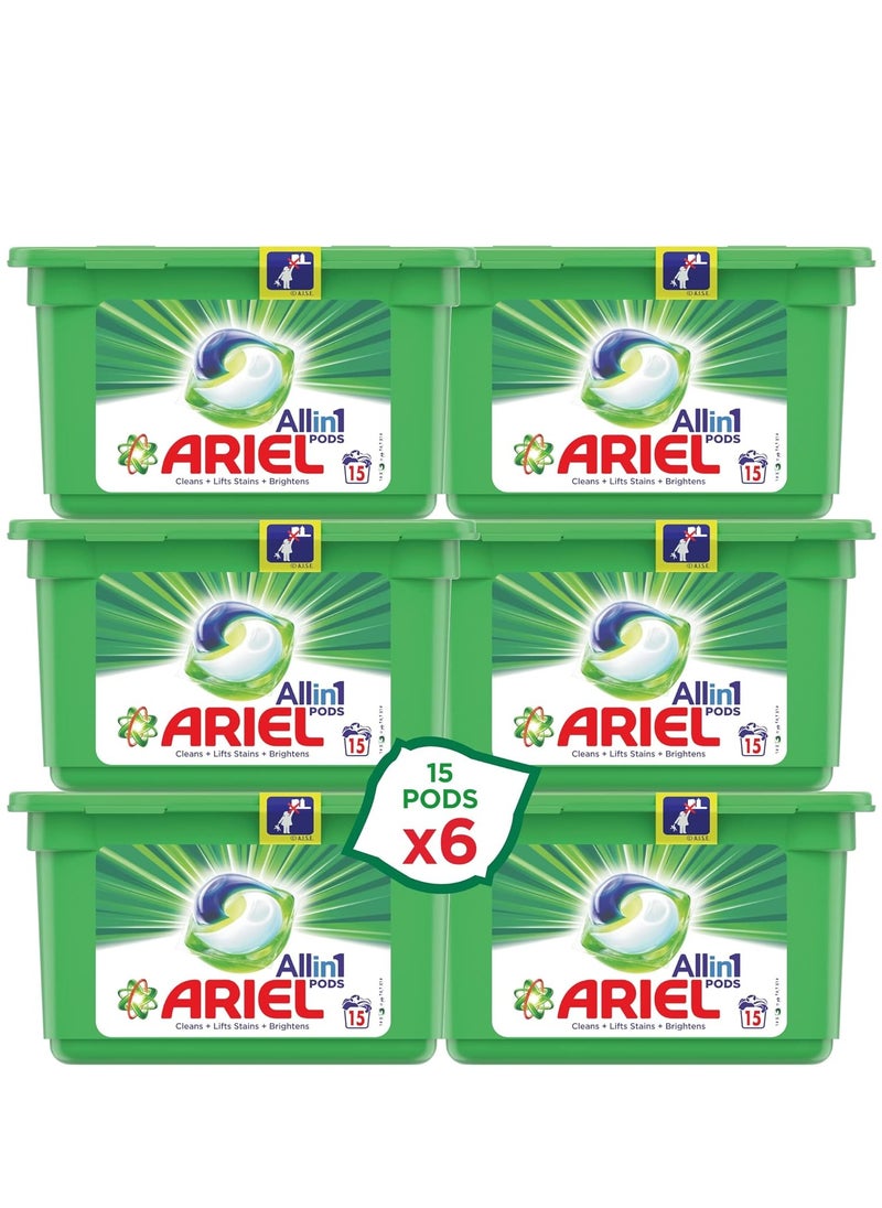Ariel - Ariel 3In1 Pods, Original Scent, Ariel Liquid Detergent, Powerful Stain Remover Detergent, Pack Of 6 X 15 Pods (90 Capsules) - Image 1