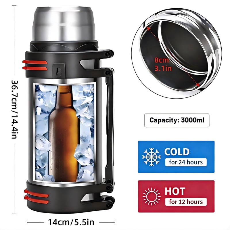 Olerd Large Thermosflask- 101oz Stainless Steel Insulated Bottle for Travel with BPA Free Cup - 3L Oversized Vacuum Insulated Thermoses with Handle and Strap for Hot & Cold Drinks - Image 3