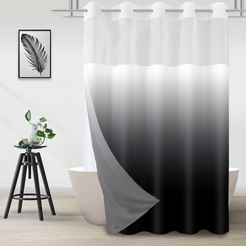 TWLSNCD No Hook Shower Curtain with Snap in Liner, Black and White Shower Curtains and Liner Set, Ombre Black Hotel Fabric Bath Curtain for Bathroom, Mesh Top Window Waterproof Washable, 71" x 74" - Image 1