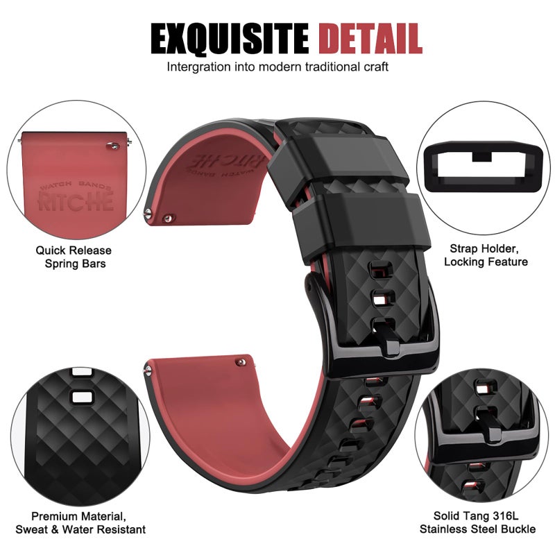 Ritche Silicone Watch Bands 18mm 20mm 22mm 24mm Quick Release Rubber Watch Bands for Men, Black / Crimson Red / Black, 20mm, Classic,Sport - Image 2
