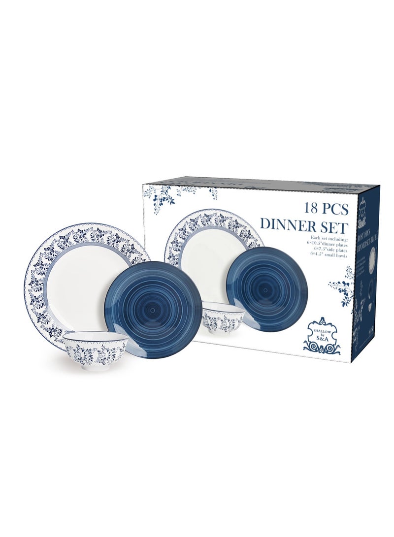 Shallow Rosy 18 Piece Porcelain Dinner Set, Serves 6 people, includes 6 x 10.5" Dinner Plates, 6 x 7.5" Salad plates, 6 x 5.5" bowls, Elegant Blue Modern Crockery - Image 2