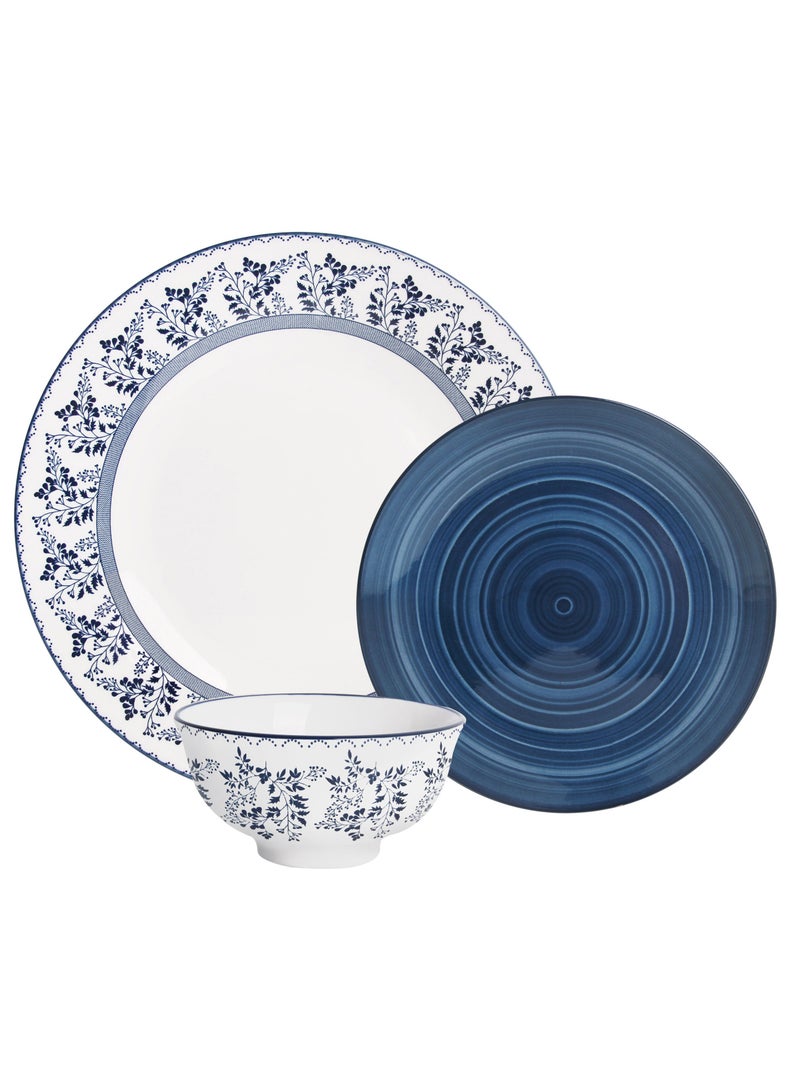 Shallow Rosy 18 Piece Porcelain Dinner Set, Serves 6 people, includes 6 x 10.5" Dinner Plates, 6 x 7.5" Salad plates, 6 x 5.5" bowls, Elegant Blue Modern Crockery - Image 1