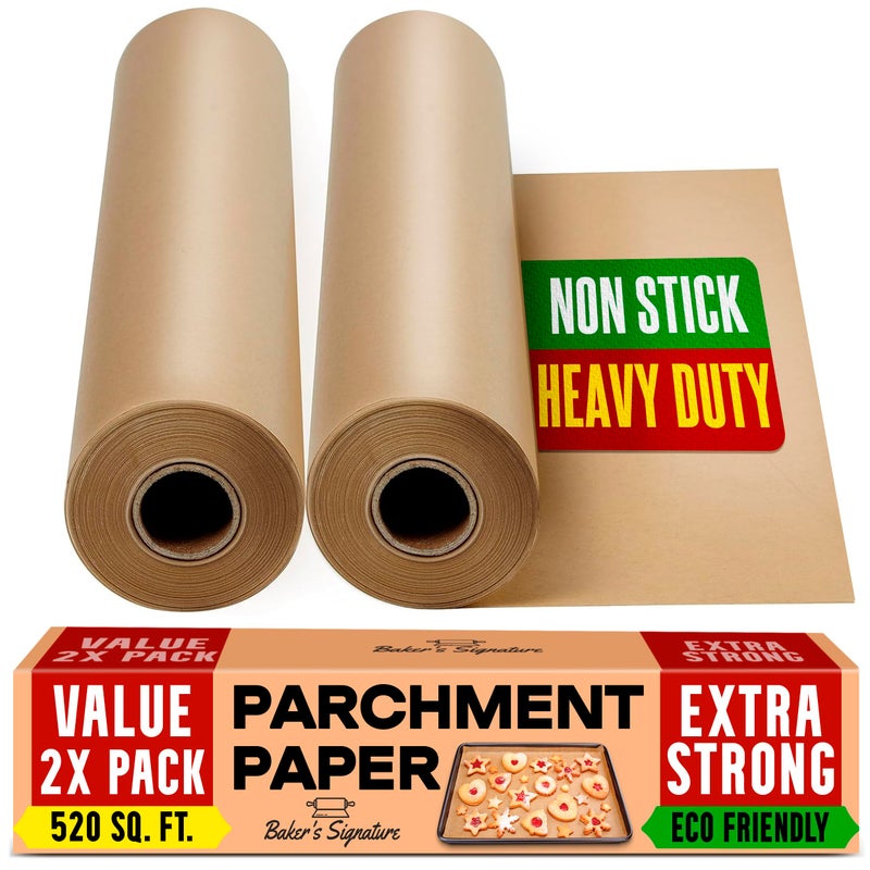 Baker's Signature Unbleached Parchment Paper for Baking  2Pack 520 SqFt Total  15 in x 210 ft Baking Paper Roll with Cutter NonStick Brown Parchment for Baking Cooking Grilling Steaming by Bakers Signature