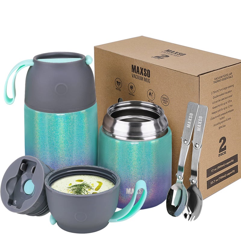 MAXSO 2 Pack Soup Thermo for Hot & Cold Food for Kids Adults  Vacuum Insulated Food Jar Thermal Lunch Containers  Travel Food Flask with Spoon (24 oz 17 oz) (Glitter Rainbow) - Image 1