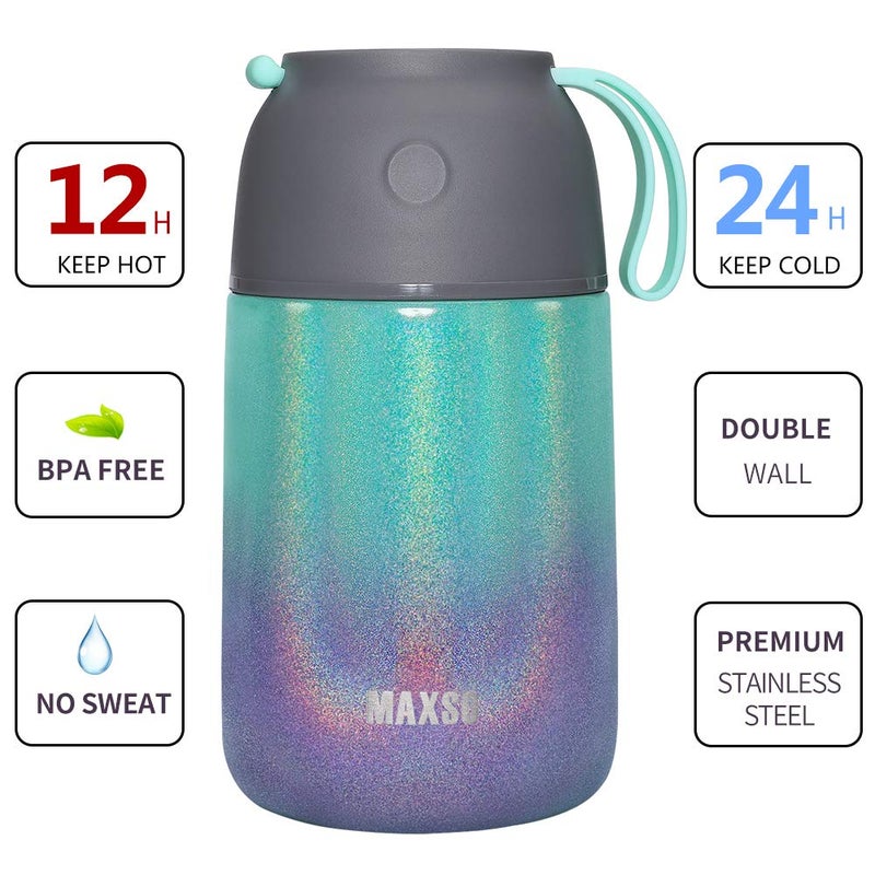 MAXSO 2 Pack Soup Thermo for Hot & Cold Food for Kids Adults  Vacuum Insulated Food Jar Thermal Lunch Containers  Travel Food Flask with Spoon (24 oz 17 oz) (Glitter Rainbow) - Image 2