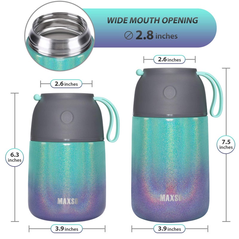 MAXSO 2 Pack Soup Thermo for Hot & Cold Food for Kids Adults  Vacuum Insulated Food Jar Thermal Lunch Containers  Travel Food Flask with Spoon (24 oz 17 oz) (Glitter Rainbow) - Image 5