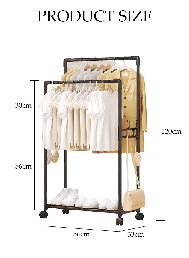 DUNISO حامل ملابس بعصا مزدوجة مع عجلات، حامل ملابس معدني مع رف للأحذية وخطافات، منظم شماعات ملابس متعدد الاستخدامات، مناسب لغرف النوم، الشرفات وغرفة المعيشة (أسود) - Image 2