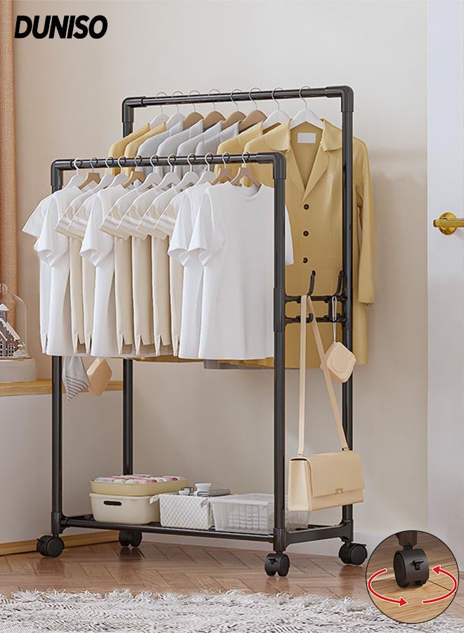 DUNISO حامل ملابس بعصا مزدوجة مع عجلات، حامل ملابس معدني مع رف للأحذية وخطافات، منظم شماعات ملابس متعدد الاستخدامات، مناسب لغرف النوم، الشرفات وغرفة المعيشة (أسود) - Image 1