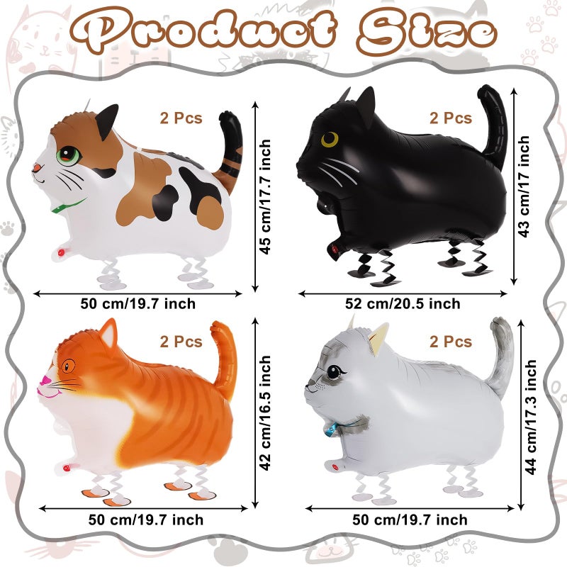 KINYFY 8 Pcs Walking Cat Balloons,Cat Balloons,Walking Animal Foil Mylar Balloon,Farm Birthday Decorations for Cat Theme Party Supplies (Cat-8 Pcs) - Image 2