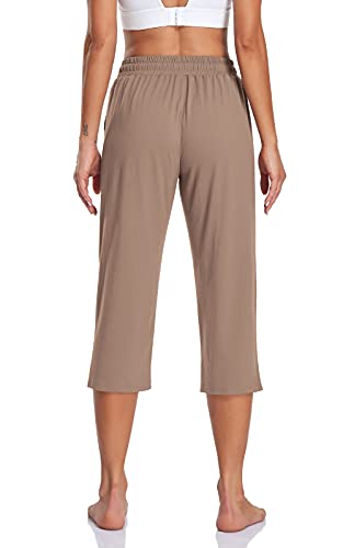 TARSE Womens Capri Yoga Pants Loose Drawstring Capris Workout Sweatpants Casual Summer Soft Lounge PJ Crop Pants (Brown Tan,L) - Image 2