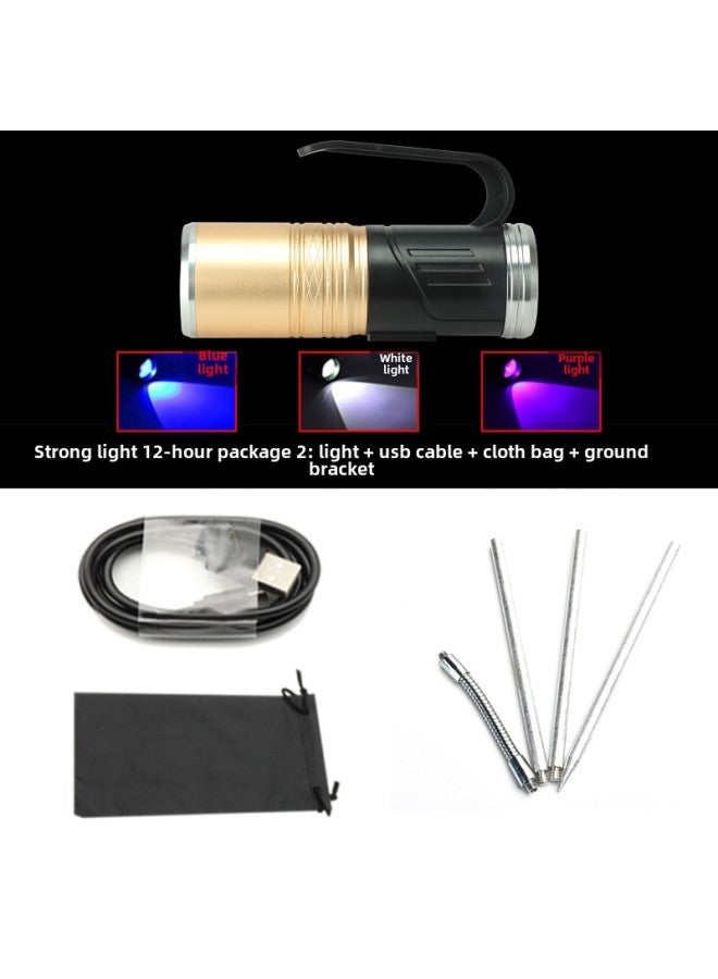 Highlight LED Night Fishing Lights Fishing Lights Blue Light Zoom Fishing Gear USB Strong Light Rechargeable Fish Flashlight-Color:3 Light Sleeve 2: Lamp + Wire + Cloth Bag + Floor Rack  - Image 1