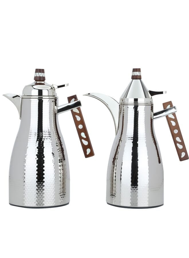 Alsaif Gallery مجموعة ميمونة من 2 ترمس فضي مع مقبض خشبي - Image 1