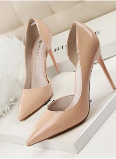 BIGTREE Lacquer Leather Shallow Mouth Pointed Hollow High Heel Shoes 10.5CM Beige 