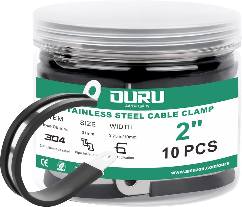 OURU 10pcs 2 Inch Stainless Steel Cable ClampsRubber Coated Cushioned Insulated Cable ClampAutomotive Cable Wire ClampsPipe ClampsMetal Clamp for TubeLinesWire Cord InstallationBlack51mm