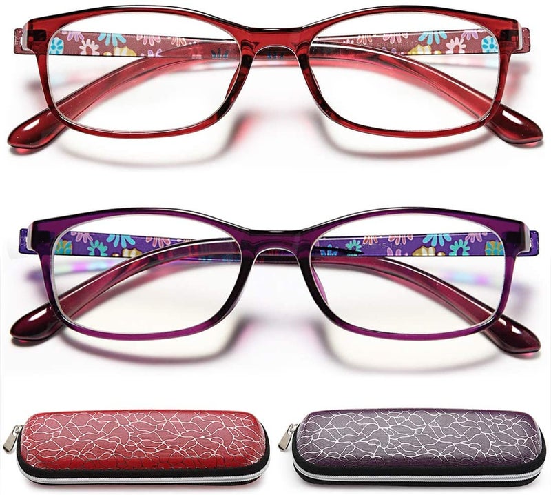 EYEURL Reading Glasses Women Blue Light Blocking Set of 2 Pattern Design Value Computer Readers RedPurple 35