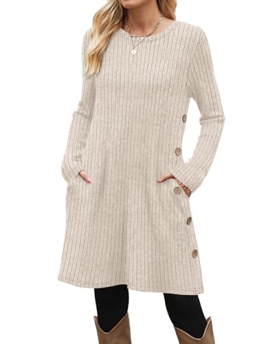 OFEEFAN Winter Dresses for Women 2025 Early Fall Fashion Long Sleeve Tunic Sweater White Wedding Guest Dress Wear with Leggings Teacher Outfits M - Image 2