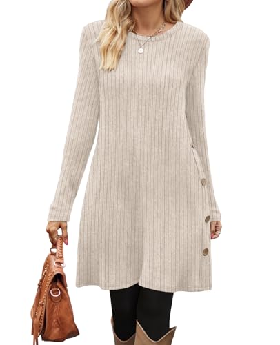 OFEEFAN Winter Dresses for Women 2025 Early Fall Fashion Long Sleeve Tunic Sweater White Wedding Guest Dress Wear with Leggings Teacher Outfits M - Image 3