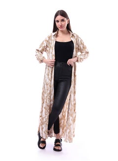 Andora Patterned Classic Neck Buttoned Dress _ Beige & White  - Image 1