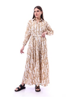 Andora Patterned Classic Neck Buttoned Dress _ Beige & White  - Image 2