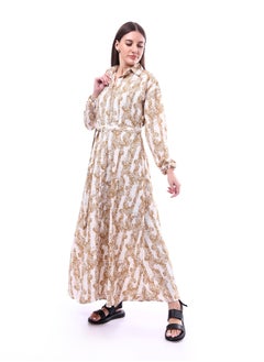 Andora Patterned Classic Neck Buttoned Dress _ Beige & White  - Image 3