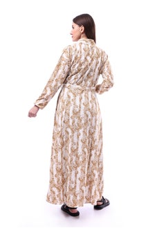 Andora Patterned Classic Neck Buttoned Dress _ Beige & White  - Image 4
