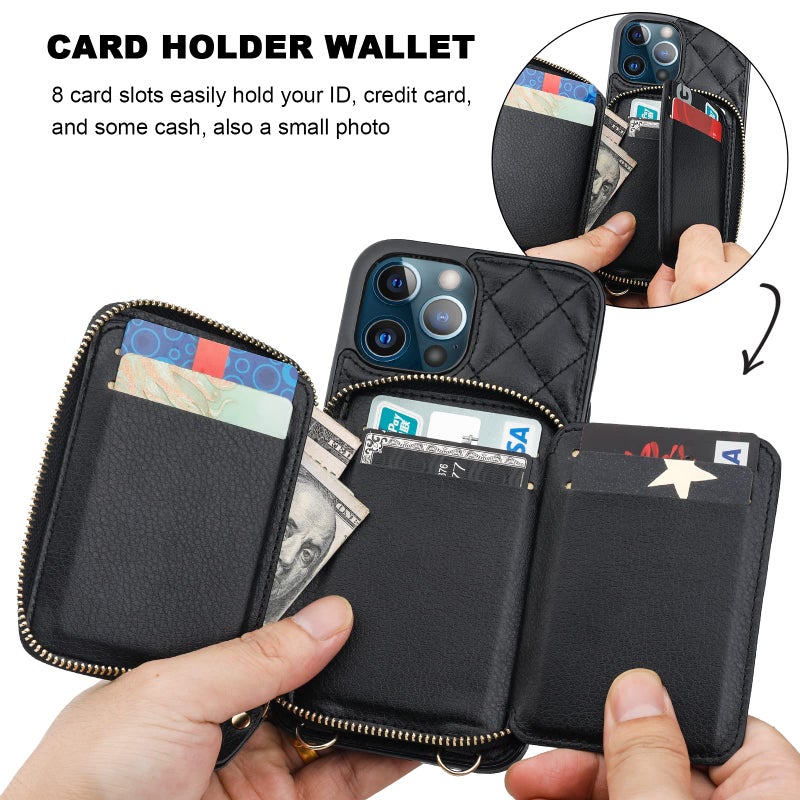 Bocasal Crossbody Wallet Case for iPhone 13 Pro Max, RFID Blocking PU Leather Zipper Handbag Purse Flip Cover, Kickstand Folio Case with Card Slots Holder Wrist Strap Lanyard 5G 6.7 Inch (Black) - Image 4