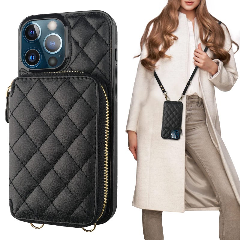 Bocasal Crossbody Wallet Case for iPhone 13 Pro Max, RFID Blocking PU Leather Zipper Handbag Purse Flip Cover, Kickstand Folio Case with Card Slots Holder Wrist Strap Lanyard 5G 6.7 Inch (Black) - Image 1