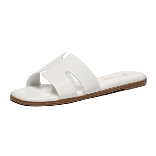 Rihero Women's Dressy Flat Sandals Comfortable Slip On Leather Slide White Sandals Size 8 - Image 1