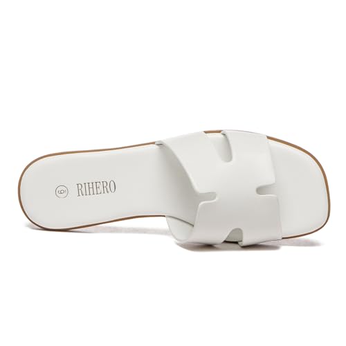 Rihero Women's Dressy Flat Sandals Comfortable Slip On Leather Slide White Sandals Size 8 - Image 3